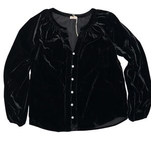 Faherty XS Black Naomi Velvet Silk V-Neck Button Down Long Sleeve Shirt‎ NWT
